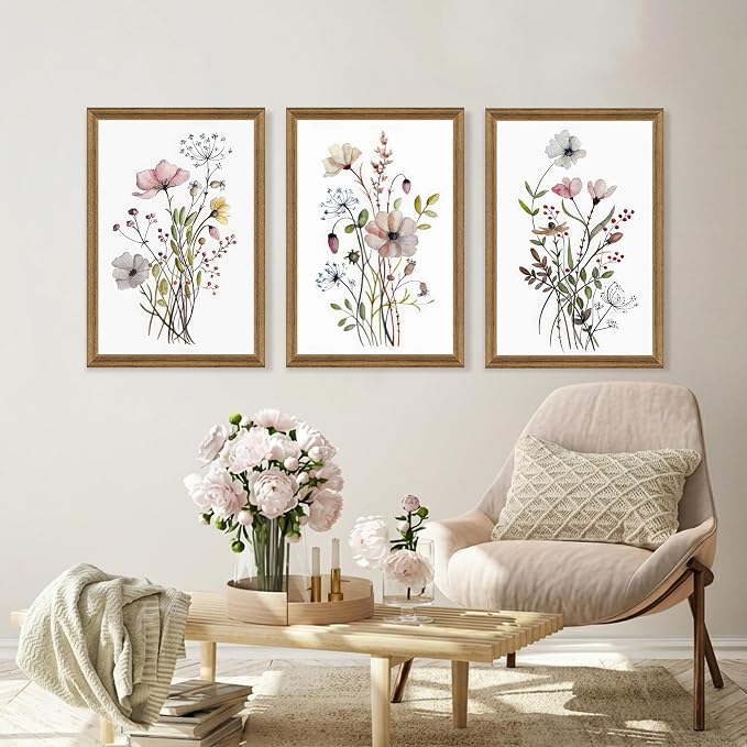 WRFON Framed Botanical Canvas Wall Art Set of 3, Watercolor Floral Prints, Framed Flower Wall Decor for Bedroom Bathroom Living Room, 20x30 Inch Each