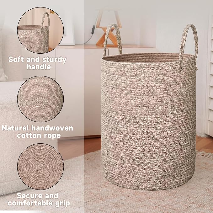 JMvicyroam 100L Cotton Rope Laundry Basket Hamper, Oatmeal | Collapsible laundry basket, reinforced handles, freestanding, machine washable, holds 3-5 thick blankets, clothes or toys