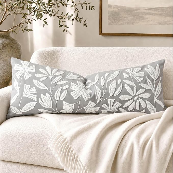Long Lumbar Pillow Cover 14x36 for Bed, Light Gray Floral Tufted Velvet Accent Oversize Throw Pillowcase for Bedroom, Cover Only