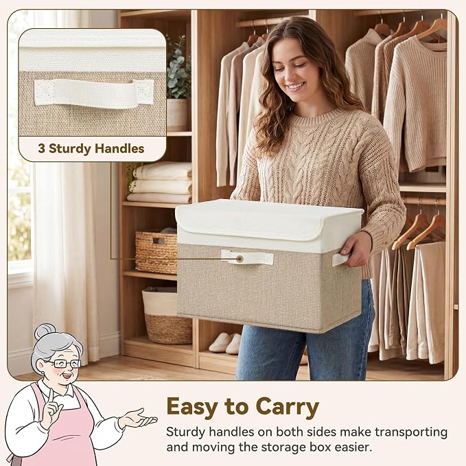 GRANNY SAYS Memory Keepsake Storage Box, Fabric Storage Bins with Lids | Flip-Top Lid, Collapsible, Stackable, 3 Handles, Ideal for Closet Clothes Blanket Toys, Large, Brown/White, 4-Pack