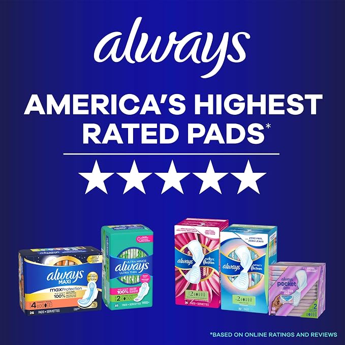 Always Ultra Thin Feminine Pads with Wings for Women, Size 5, Extra Heavy Overnight Absorbency, Unscented, Up to 100% Leak-Free Comfort, 60 Count