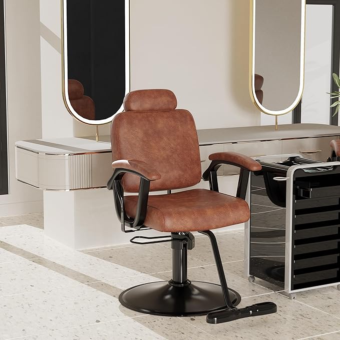 Baasha Premium Brown Reclining Salon Chair with Removable Headrest, All-Purpose Hydraulic Barber Chair, Soft PU Leather, 360° Swivel, 135° Recline, Heavy-Duty Steel Frame, 330 lbs Capacity