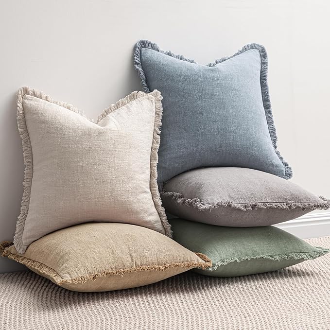 MIULEE Boho Linen Fringe Decorative Throw Pillow Covers Light Blue 20x20 | Set of 2, Cottagecore Decor, Boho Farmhouse Coastal Pillow Covers, Rustic Couch Cushion Cases for Sofa Bed Living Room