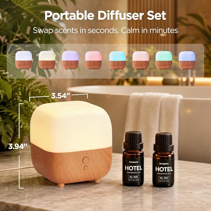 InnoGear Essential Oil Diffuser & 4 Hotel Oils Set, 150ml Diffusers for Home with 5-Star Hotel Collection Diffuser Oils Set Cool Mist Mini Humidifier Scent Fragrance Gift Set