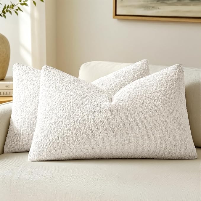 MIULEE 12x20 Decorative Lumbar Boucle Couch Pillow Covers White | Set of 2 Textured Neutral Throw Pillow Covers, Accent Solid Pillowcases, Sofa Living Room Home Decor