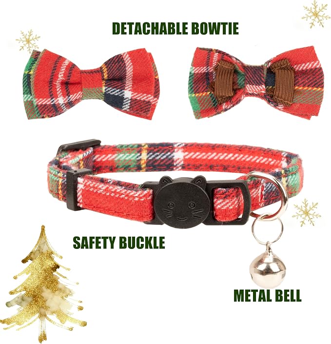 Collar for Cat Pet Breakaway with Bell Bowtie Detachable Bow Adjustable Safety Kitten Puppy Girl Boy 2pcs Christmas-B