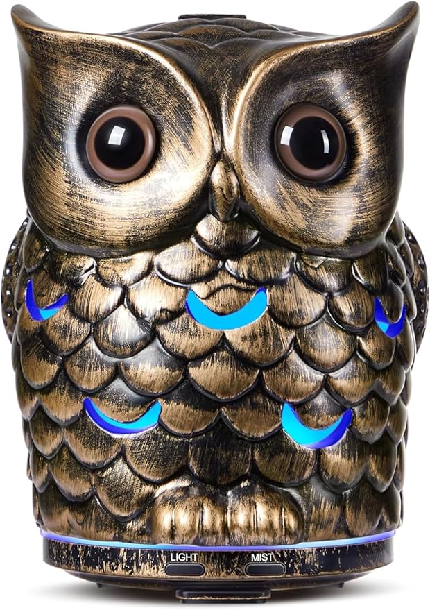 Alieye Ceramic Essential Oil Diffuser, 200ML Handcrafted Ceramic Owl Ultrasonic Cool Mist Aromatherapy Humidifier with 7 Colors LED Waterless Auto Shut Off for Home Office Yoga, Gifts for Mom, Brown