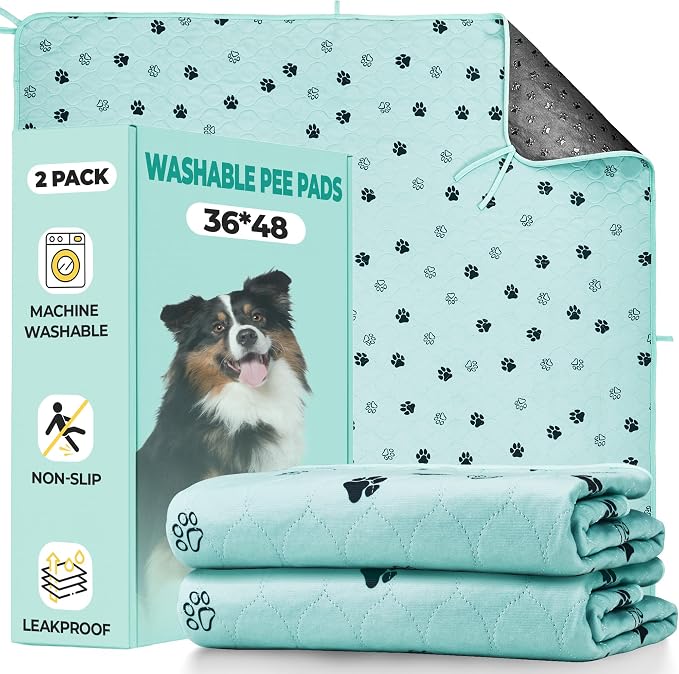 Fostanfly Washable Pee Pads for Dogs, Leak-Proof, 36"x48"-2 Pack, Green | Ultra-Absorbent, Waterproof, Non-Slip, Large Reusable Pee Pads for Puppy Potty Training, Crate and Playpen with 8 Tie Straps