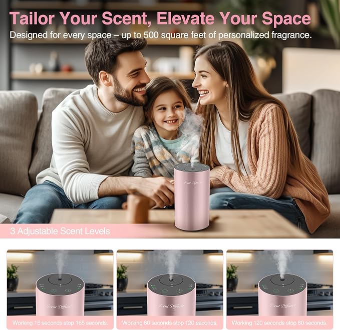 Waterless Essential Oil Diffuser Starter Kit - No Water Needed, Battery Operated Mini Scent Air Machine, Included 3x20ML Essential Oils, Portable Aromatherapy Diffuser for Home & Car & Office, Pink
