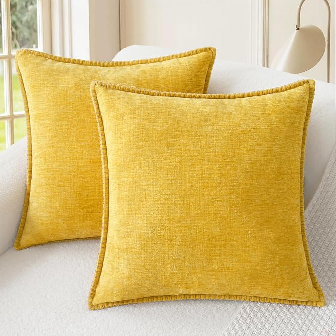 CaliTime Decorative Throw Pillow Covers 24 X 24 Inches Mustard Yellow | Pack of 2, Cozy Chenille Cushion Cases, Cotton Thread Stitching Edges, for Couch Sofa Bed Living Room Farmhouse