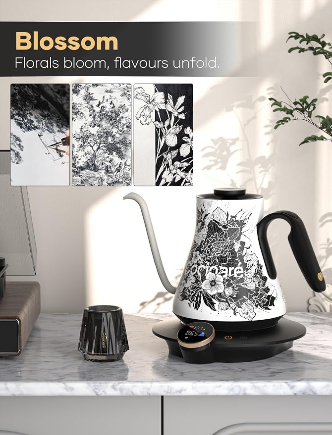 Cocinare Gooseneck Electric Kettle, ±0.5°F Precise Temperature Control, 1500W Fast Heating, Pour-Over Coffee & Tea, Stainless Steel, 0.9L (Artisan Blossom Design)