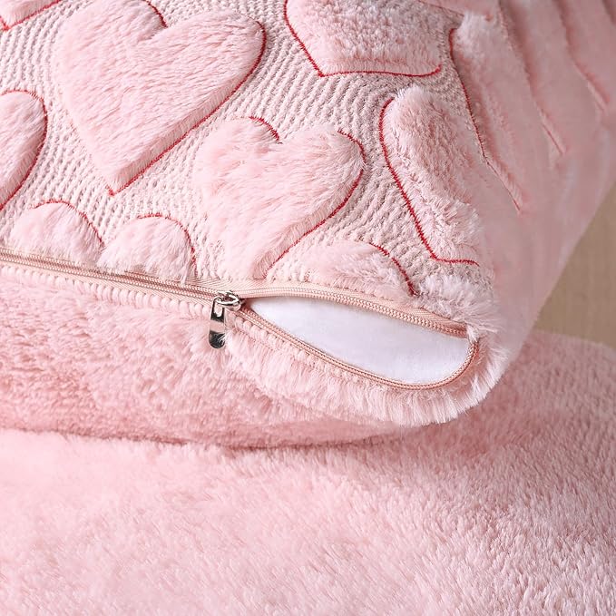 Softalker Pink Heart Pillow Covers 20 x 20 Inch Set of 2, Spring Summer Soft Faux Fur Cushion Covers, 3D Embroidered Pillow Cases for Sofa, Couch, Bedroom