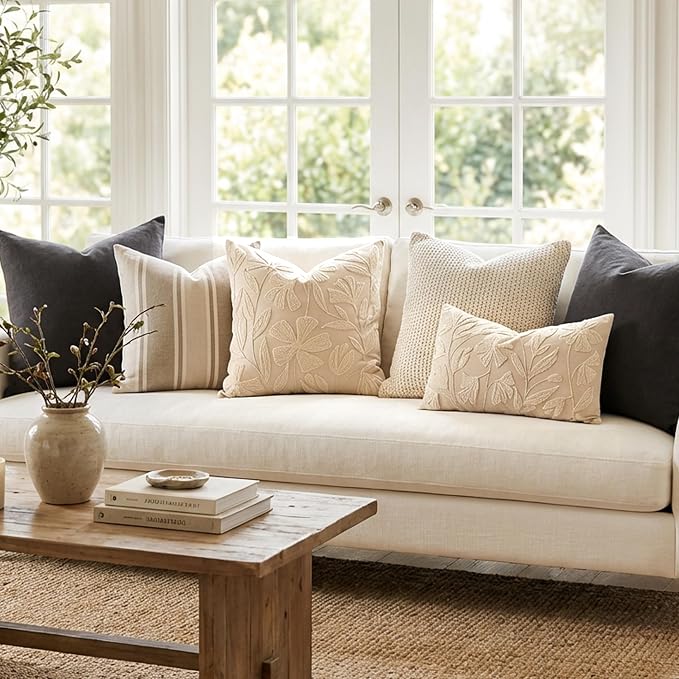 Decorative Throw Pillow Cover 20x20, Beige Neutral Velvet Accent Cushion Cover for Couch Sofa Living Room, Floral Tufted Square Pillowcase (Cover Only)