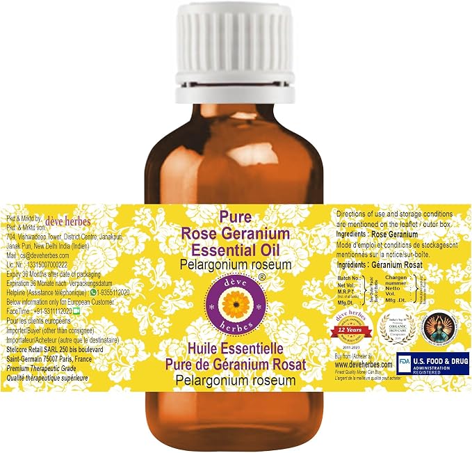 Deve Herbes Pure Rose Geranium Essential Oil (Pelargonium roseum) Steam Distilled 100ml (3.38 oz)