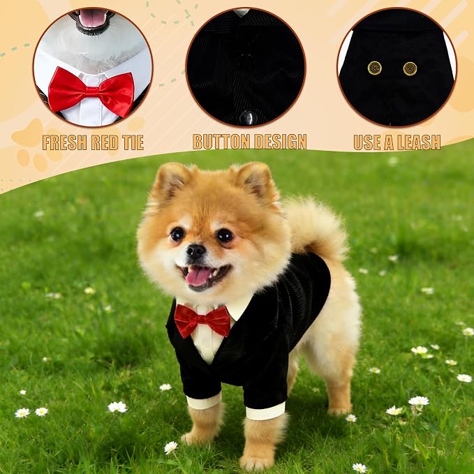 Dog Tuxedo Suit with Bow Tie Dog Shirt Puppy Clothes Formal Pet Tux Party Birthday Costume for Small Medium Dogs Pet Weding Attire Dress Up Cosplay Prince Costume Gentleman Apparel