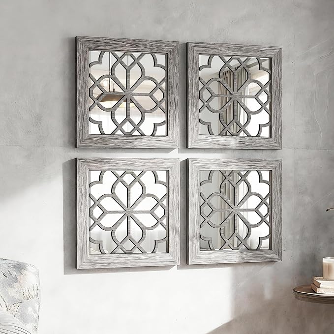 Set of 4 Boho Wall Mirrors with Carved Floral Design, 12x12 Inch Rustic Farmhouse Accent Mirrors, Vintage Style Shatterproof Square Mirror Decor for Living Room, Bedroom(Brown)