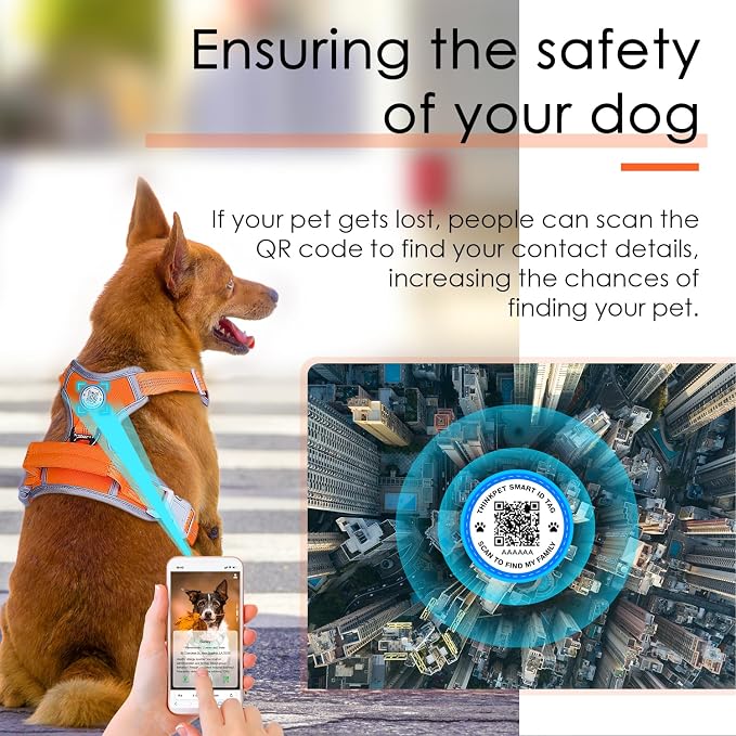 ThinkPet No Pull Harness Breathable Sport Harness with QR Code Dog Tag Reflective Dog Harnesses Smart ID Tagwith Handle Adjustable for Medium Large Dogs Back/Front Clip for Easy Control L Orange