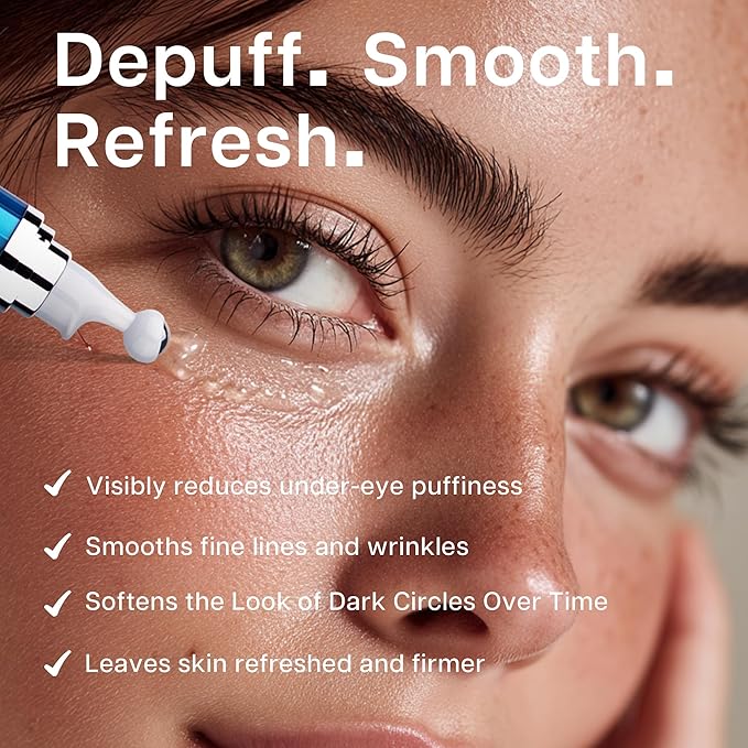 VRAIKO Eye Serum for Dark Circles and Puffiness, 5% Caffeine 8% Retinol Under Eye Cream with Build-In 3D Roller Applicator, Hyaluronic Acid Peptide for Hydration Fine lines Wrinkles, 0.5 fl oz