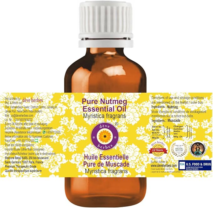 Deve Herbes Pure Nutmeg Essential Oil (Myristica fragrans) Steam Distilled (Pack of Two) 100ml X 2 (6.76 oz)