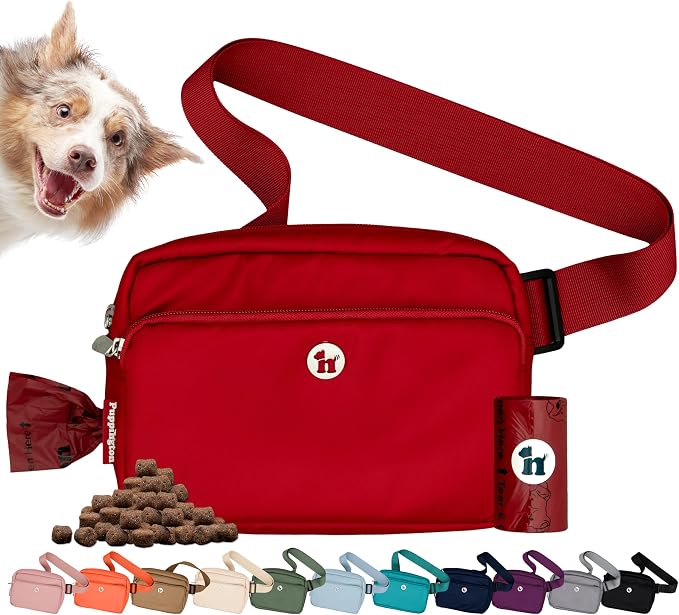 Puppington 3-in-1 Crossbody Dog Walking Bag & Treat Pouch with Matching Planet Safe Poop Bags & Built-In Dispenser - Dog Mom Gift for Puppy Training with Zippered Pockets (Ruby Red)