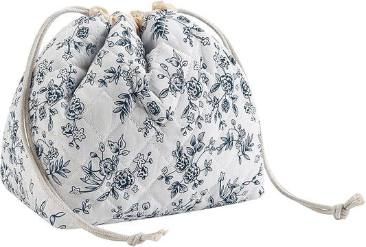 uekeboag Cotton Quilted Drawstring Makeup Bag with Canvas Lining,Coquette Aesthetic Cute Travel Toiletry Bag,Drawstring Gift Bag for Women and Girls（16Dark Blue）