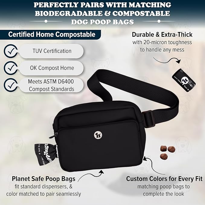 Puppington 3-in-1 Crossbody Dog Walking Bag & Treat Pouch with Matching Planet Safe Poop Bags & Built-In Dispenser - Dog Mom Gift for Puppy Training with Zippered Pockets (Onyx Black)