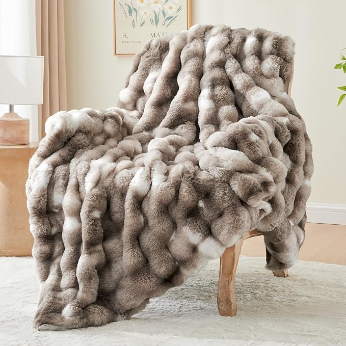 BEDELITE Faux Fur Throw Bubble Blanket for Couch, 50" x 60", Tie-Dye Taupe | 870GSM Soft Cozy Plush Blanket for Sofa & Bed Living Room Decor, Warm Fuzzy Faux Rabbit Fur for Women Gift, All Season Use