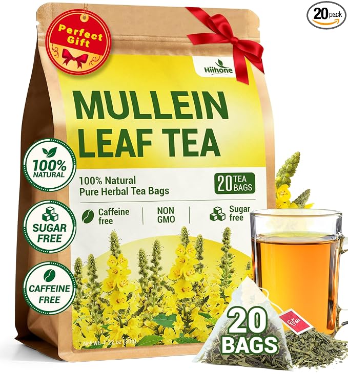 Mullein Leaf Tea Bags for Lung Support, 20 Tea Bags, Herbal Tea from Mullein Leaves, Caffeine Free, No Sugar