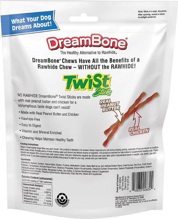 DreamBone Peanut Butter Twist Sticks Rawhide-Free Dog Treats, 50 Count | Daily Chew, Digests Safely and Completely, Made With Real Protein, Chicken, Peanut Butter and Veggies, For Adult Dogs