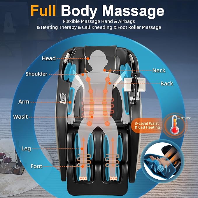 Luxury 4D Full Body Massage Chair, Zero Gravity SL-Track Shiatsu Recliner ,18 Auto Modes & 6 Massage Techniques,Lumbar & Calf Heating,Foot Roller and Calf Kneading,Voice/App/Touch Control,Body Scan
