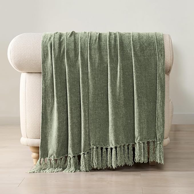 Chenille Knit Throw Blanket for Couch, 50"x60", Sage Green | Cozy Plush Fuzzy Knittd Throw with Tassels, Lightweight, Decorative, Farmhouse Decor, Ideal for Bed Sofa Gift, All Seasons