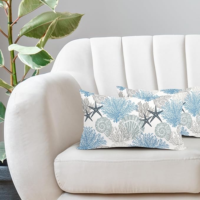 Coastal Starfish Seashell Coral Lumbar Pillow Covers 12X20 Inch Set of 2 Summer Nautical Beach Decorative Pillow Cases Sea Ocean Cotton Linen Cushion Case Farmhouse Home Decor For Sofa Couch Bed Room