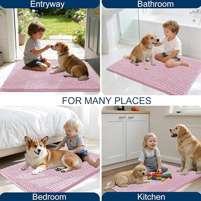 OLANLY Dog Door Mat for Muddy Paws 47x24, Extra Absorbent Chenille Mud Mat | Dusty Rose, Absorbs Moisture and Dirt, Non-Slip Machine Washable Doormat, Quick-Drying Indoor Entryway Floor Mat for Dogs