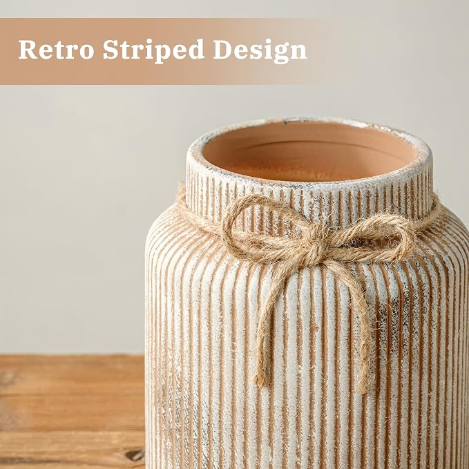 Rustic Ceramic Flower Vase, 7.2in Vintage Brown Ribbed Vases for Home Decor | Decorative Distressed Wide Mouth Terracotta Vases for Bedroom Living Room Table Centerpieces Shelf Cabinet Decorations