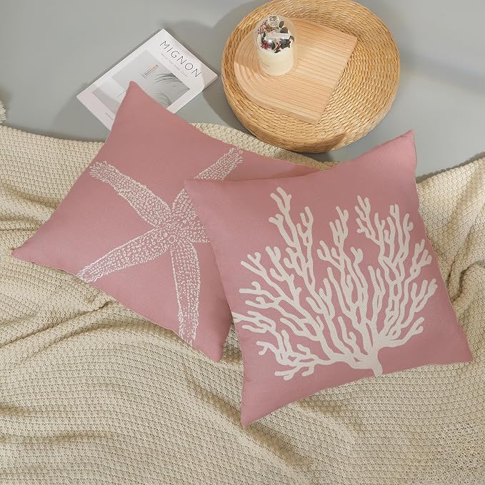 Coastal Pillow Covers 18x18 Inch Set of 2, Pink Coral Starfish Throw Pillows Nautical Ocean Decorations Beach Pillowcase Outdoor Decor Linen Farmhouse Cushion Case for Home Sofa Living Room