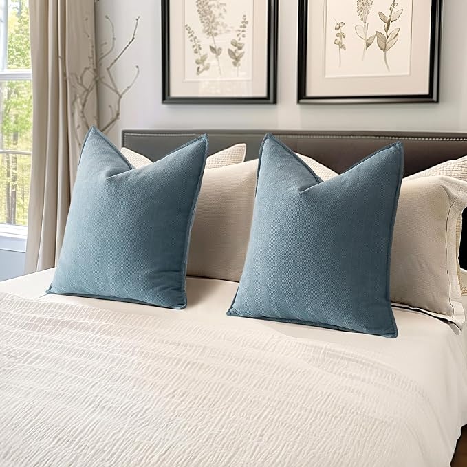 MIULEE Pack of 2 Dusty Blue Euro Shams Chenille Pillow Covers 24x24 Inch | Decorative Soft Couch Throw Pillows,Farmhouse Cushion Covers,Elegant Design for Sofa,Bed,Living Room,Summer Decor