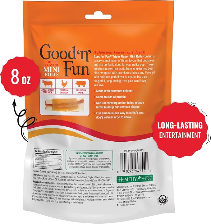 GOOD 'N' FUN Mini Roll Long-Lasting Dog Treat for Small Dogs, 8 oz | Made with Real Protein, Premium Chicken, Pork and Beef Hide Chew, Supports Dental Health, Mental Stimulation, For Adult Dogs