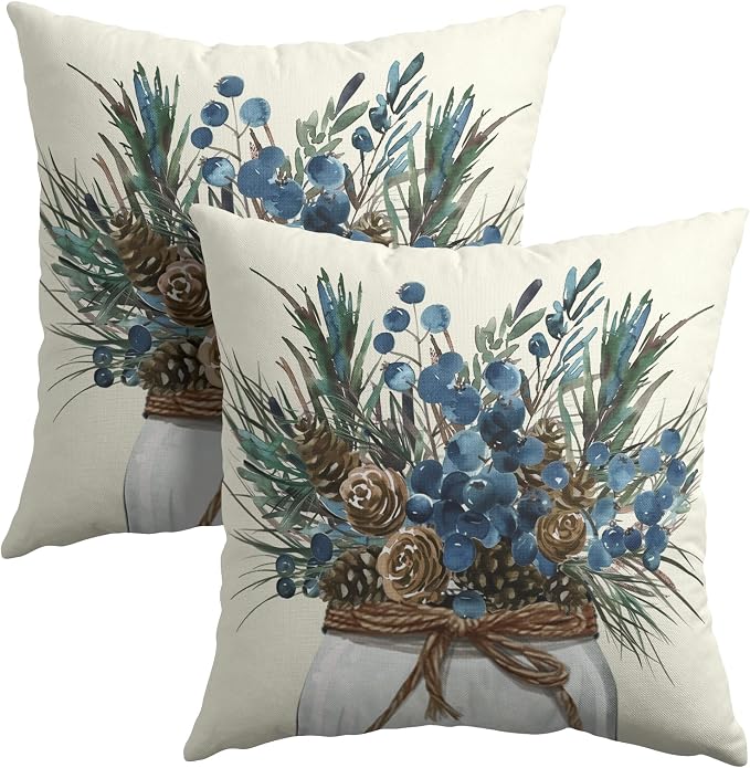 Kawani Pinecone Branch Throw Pillow Covers 22x22 Set of 2 Brown Blue Pine Needle Jar Farmhouse Decorative Pillow Cases Cotton Linen Cushion Cover for Sofa Couch Outdoor Home Decor