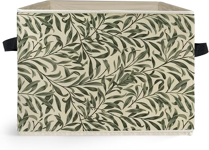 Green Willow Plant Storage Box Bins, Vintage Rustic Botanical Collapsible Storage Basket Organizer for Bedroom Laundry Room Home Clothes Books, Decor for Room