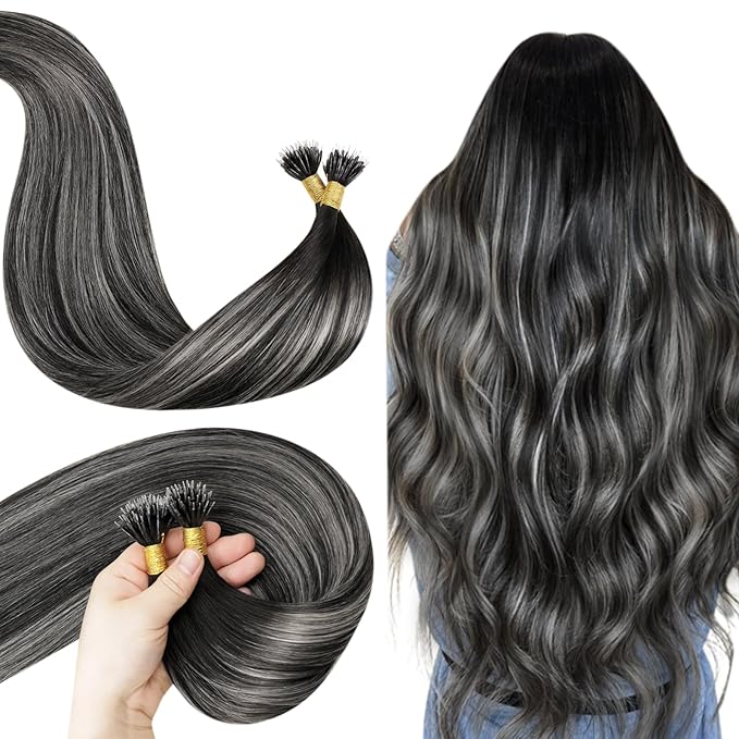 LaaVoo Nano Hair Extensions Human Hair Black Nano Bead Hair Extension Human Hair Balayage Black to Silver Nano Ring Extensions 20 Inch 50g 50s