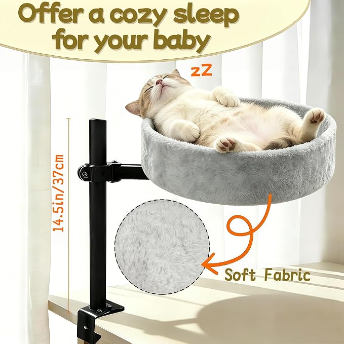 Cat Desk Bed,360° Rotating & Height Adjustable Desk Cat Bed,Space Saving Modern Indoor Cats Nest Furniture Cozy Faux Fur Pet Nest Perch Hammock for Various Desktops,15.7" L*15.7" W*16.9" H,Grey