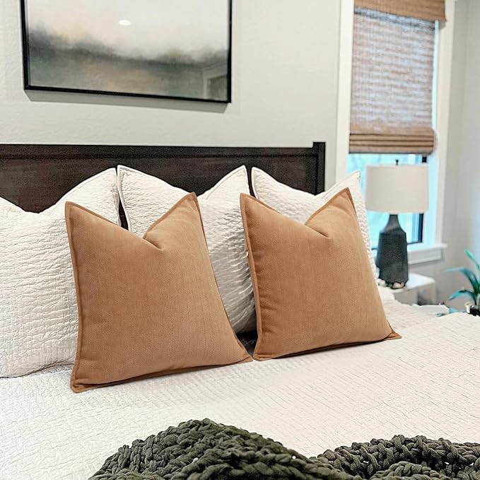 Camel Pillow Covers 18x18 Set of 2 Chenille Throw Pillow Covers with Elegant Design Soft and Luxurious Decorative Throw Pillows for Couch, Bed, and Home Decor