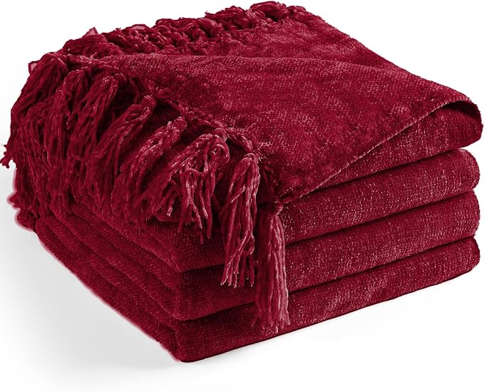 Chenille Throw Blanket for Couch 60" x 80" Twin, Red | Soft Cozy Throws with Fringe Tassel, for Living Room Bed Sofa Chair Cover, Lightweight Knitted Boho Blankets Christmas Decor