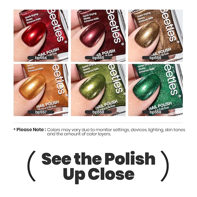 Beetles Spring Nail Polish Set - Glamour Era 6 Colors Quick Dry Glitter Burgundy Red Gold Green Yellow High-Gloss Long-Lasting Nail Polish for Winter DIY At-Home Manicure Gift for Women
