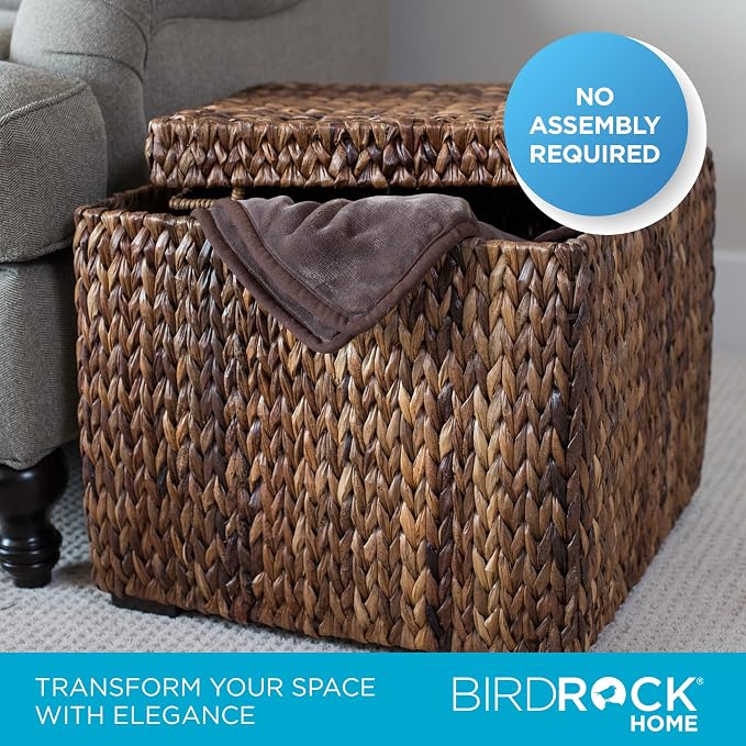 BIRDROCK HOME Woven Storage Cube - Abaca Seagrass Decorative Ottoman - Living Room Side Table - Store Blankets Pillows Magazines Books Remotes | Woven Basket with Lid, Removable Lid Doubles as Serving Tray, Footstool Ottoman with Storage for Living Roo...