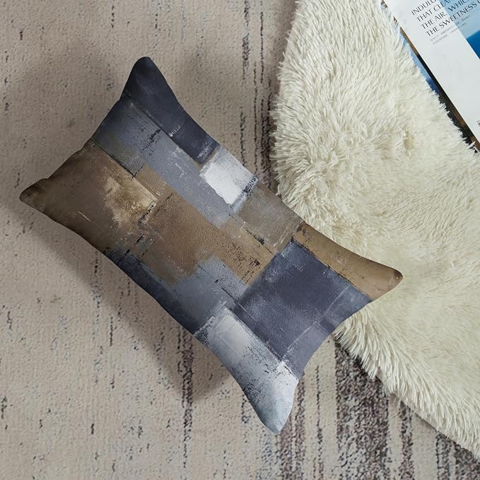 Throw Pillow Covers Set of 2, 12 x 20 Inch, Blue Brown Grey Taupe | Abstract Modern Art Outdoor Decorative Square Pillow Cases Couch Cushion Case for Couch Bed Sofa Living Room Home Decor