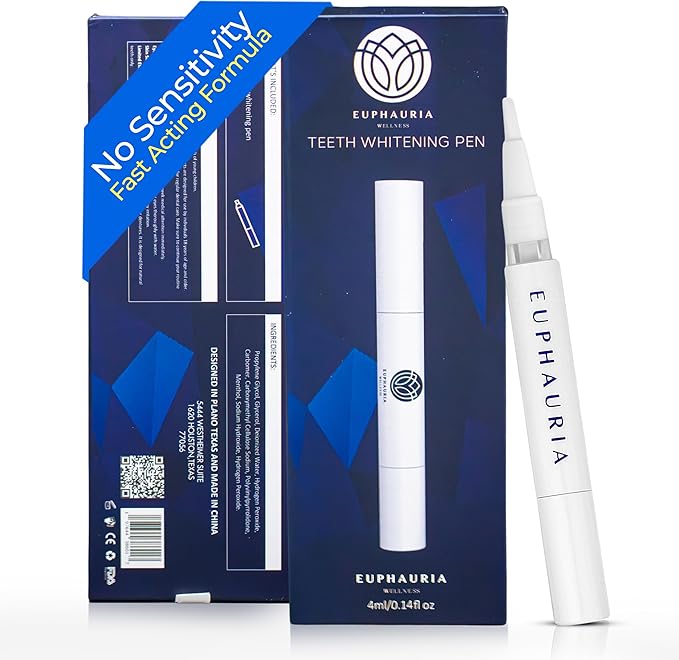 Euphauria Premium Teeth Whitening Pen with Pro Whitening Gel 4ML (0.14fl oz) Professional Pen Solution with Hydrogen Peroxide Gel Refill for Teeth, Convenient & Travel-Friendly Stick Design for Adults