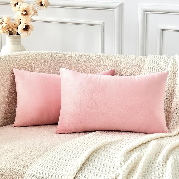 Throw Pillow Covers Pink Set of 2 12x20 Inch Pillow Covers, Soft Velvet Cute Lumbar Decorative Pillowcases for Couch Sofa Bed, Home Boho Decor, Modern Cushion Covers