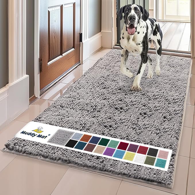 Muddy Mat® | Super Water Absorbent Door Mat Indoor, Microfiber Quick Dry Chenille Entryway Rug, Slip Resistant Front Door Mat, Indoor Mats for Entryway, Machine Washable Pet Rug, Grey 36"x72"