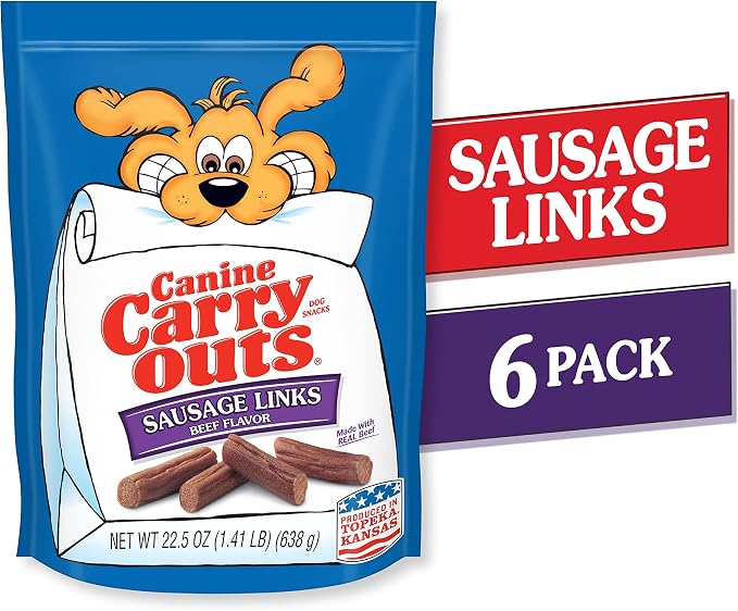Canine Carry Outs Dog Treats, Sausage Links, 22.5 Ounce (Pack of 6), Made with Real Beef | 22.5 oz. per bag. Soft & chewy dog snacks. Made with real beef. The look & taste of real sausage. Produced in Topeka, Kansas.